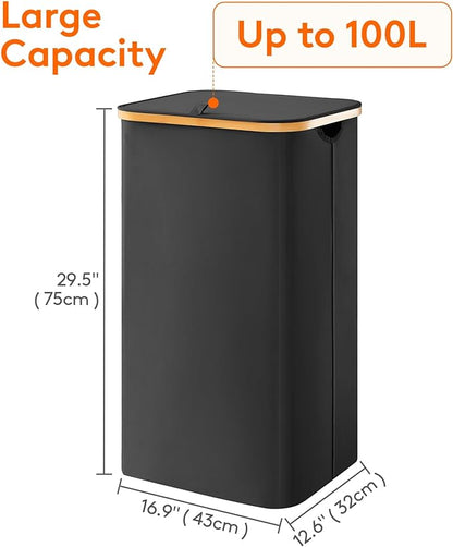 Lifewit 100L Laundry Basket with Lid, Clothes Hampers for Laundry with Bamboo Handles and A Removable Bag, Large Foldable Laundry Hamper for Bedroom, Bathroom, Dorm, Laundry Room, Black