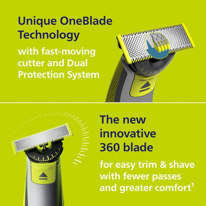 Philips Norelco OneBlade 360 Hybrid Face + Body, Electric Beard Trimmer, Shaver and Body Groomer, with 360 Blade Technology, 1x 360 Blade for Face, 5in1 Adjustable Comb, 1x Body Kit, Model QP2834/70