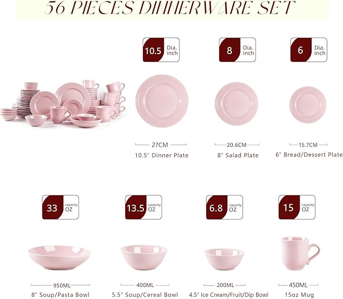 Pearl Dots Stoneware Dinnerware Set (56pc Set, Pink)