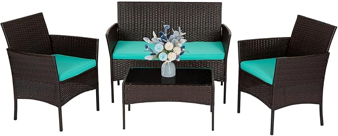 FDW | 4-Piece Patio Furniture Set | Brown & Blue | Outdoor Wicker Furniture