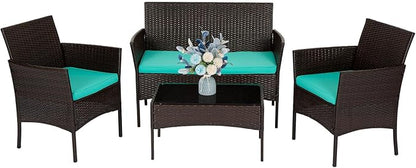 FDW | 4-Piece Patio Furniture Set | Brown & Blue | Outdoor Wicker Furniture