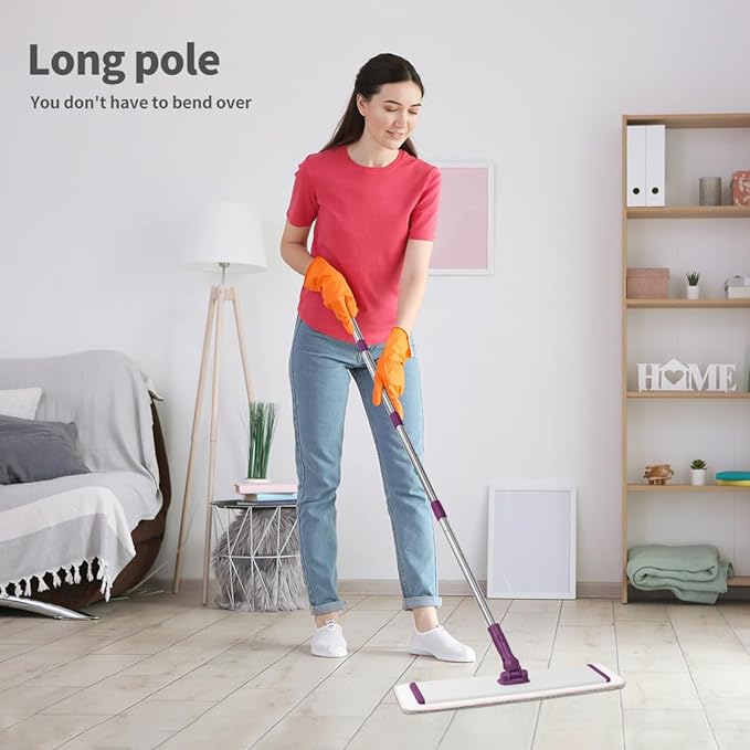 CQT Commercial Flat Microfiber Floor Mop Cleaning System 18" Inch Wet Dry and Dust Hardwood with 4 Washable Pads Cleaner for Laminate Tile Stainless Steel Handle and Extension (PT13-WET)