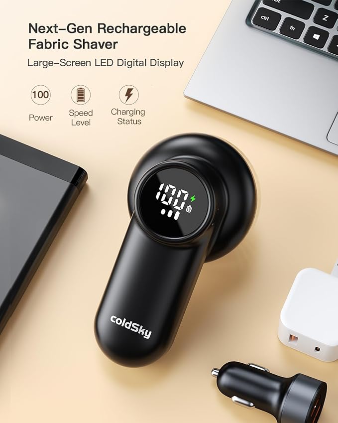 coldSky Rechargeable Fabric Shaver, Lint Shaver with Digital Display, Sweater Shaver with 6-Leaf Blades and Safety Lock, 3-Speeds Defuzzer Remove Fuzz, Pills from Clothes, Furniture, Sofa, Blanket