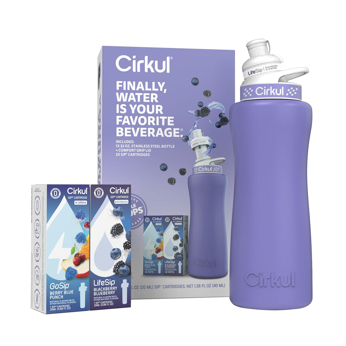 Cirkul 32oz. Matte Periwinkle Stainless Steel Water Bottle Starter Kit with Periwinkle Lid, 2 Flavor Cartridges (1 LifeSip Blackberry Blueberry, 1 GoSip Berry Blue Punch) No Sugar, Zero Calorie Drink Mix