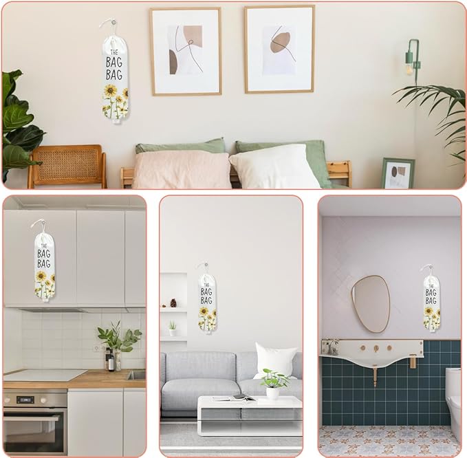 Sunflower Plastic Bag Holder for Kitchen Essentials, Wall Mount Grocery Bag Holder for Plastic Bags, Floral Reusable Grocery Bags Storage Dispenser for Home Kitchen Decor, Sunflower Gifts for Women