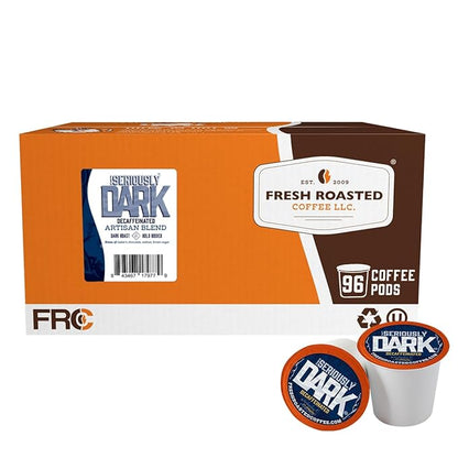 Fresh Roasted Coffee, Seriously Dark Decaf Artisan Blend, Kosher | 96 Pods for K Cup Brewers