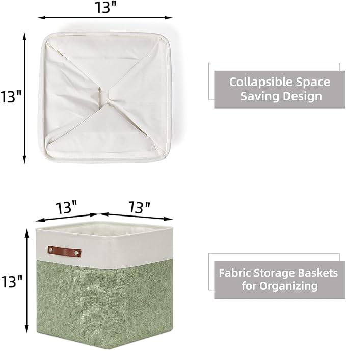 HNZIGE Foldable Storage Cubes & Baskets (3 Pack) - 13 Inch Storage Bin with Leather Handles for Toys, Clothes, Kids (White & Green)