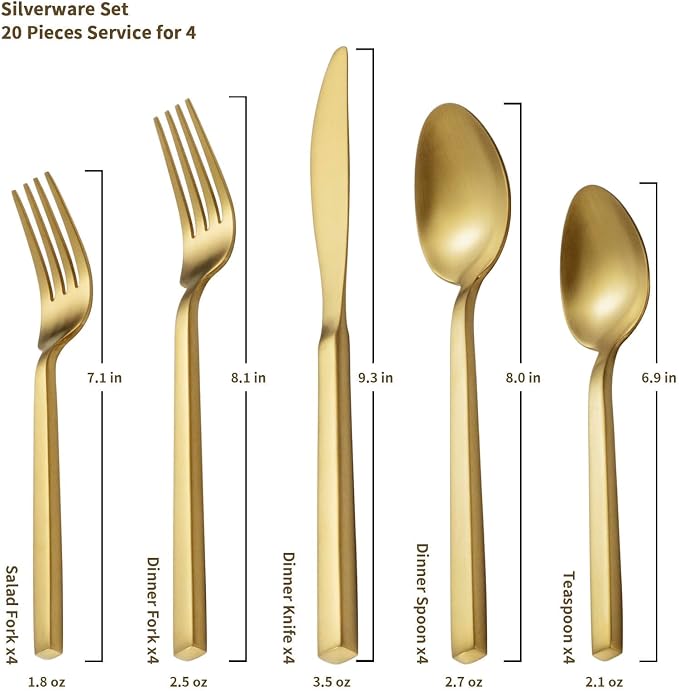 Alata Cube Gold 20-Piece Flatware Set, Forged Cutlery Set, Matte Gold