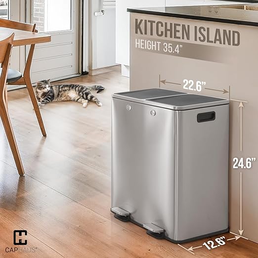 CAPHAUS Dual Trash Can with Double Lid, Trash and Recycle Bins Combo, Hands-Free Stainless-Steel Garbage Can for Kitchen, with 2 Compartment, Hinged Lid, Odor Filters, Handles, 30L+30L, 2 x 8 Gallon