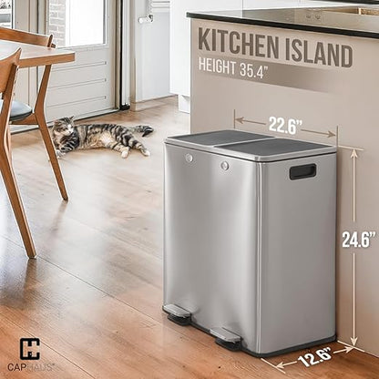 CAPHAUS Dual Trash Can with Double Lid, Trash and Recycle Bins Combo, Hands-Free Stainless-Steel Garbage Can for Kitchen, with 2 Compartment, Hinged Lid, Odor Filters, Handles, 30L+30L, 2 x 8 Gallon