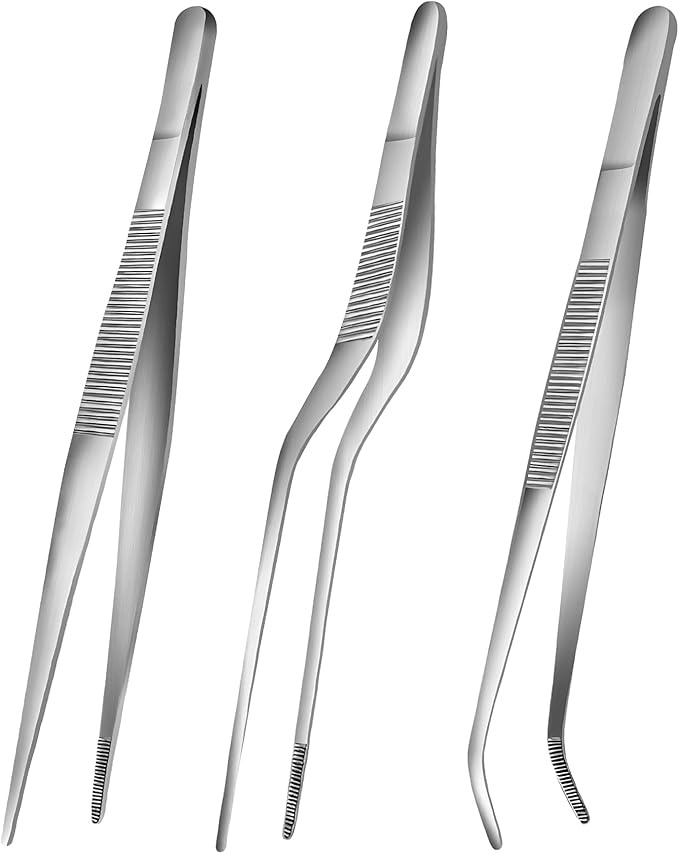 8-Inch Kitchen Tweezers Tongs Stainless Steel Kitchen Tweezers for Cooking Chef Tweezer Professional Skinny Culinary Tongs for Pasta Food Plating BBQ (3PCS)