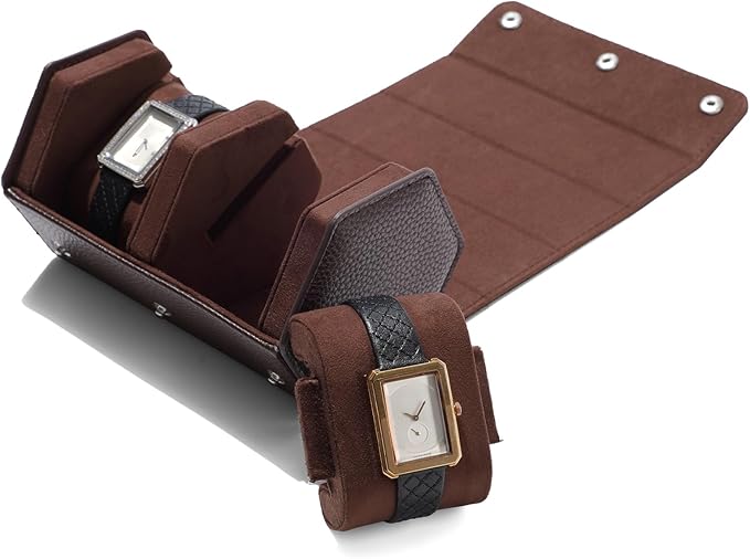 Oirlv Luxury Hexagonal Leather Watch Travel Case Watch Organizer Case for Men Portable Jewelry Storage Roll Organizer(2-Slot,Brown)