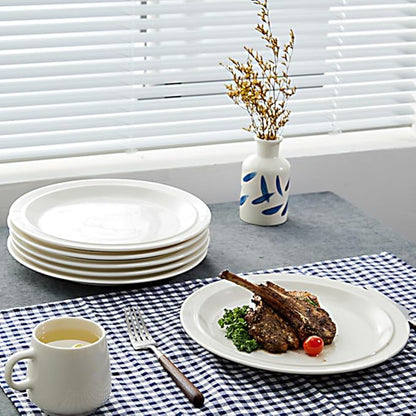 10.5-inch Porcelain Dinner Plate Set of 6 - Microwave, Oven and Dishwasher Safe, Scratch Resistant. (White)