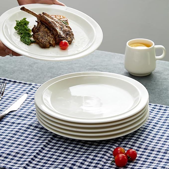 10.5-inch Porcelain Dinner Plate Set of 6 - Microwave, Oven and Dishwasher Safe, Scratch Resistant. (White)