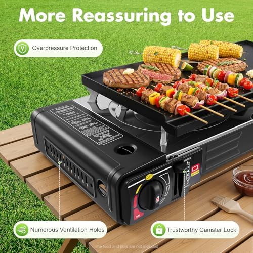 2 Burners Camping Stove, 2500W Butane or Gas Portable Camping Burner with Baking Pan & Carrying Case for Outdoor Cooking