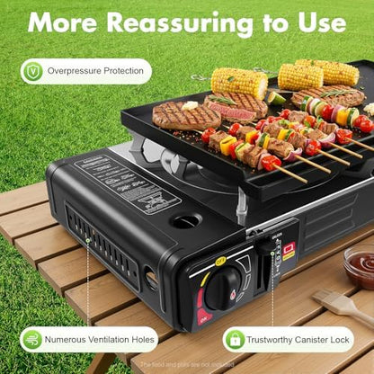 2 Burners Camping Stove, 2500W Butane or Gas Portable Camping Burner with Baking Pan & Carrying Case for Outdoor Cooking
