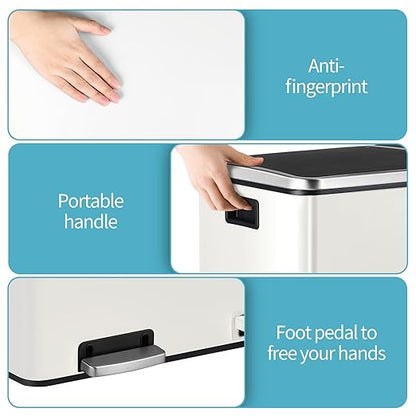 16 Gallon Rectangular Stainless Steel Trash Can, Dual Compartment Garbage Bin with Recycling Combo, Metal Dustbin Lid, Removable Liner, Indoor Hands Free Waste Bucket for Kitchen Home