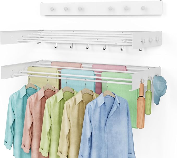 Drying Rack Clothing,Clothes Drying Rack Wall Mounted,Laundry Drying Rack Wall Mount,Foldable,Collapsible,60 lb Capacity 5 Aluminium Poles with 12 Hooks,Space Saving Clothes Drying Rack,White 40"