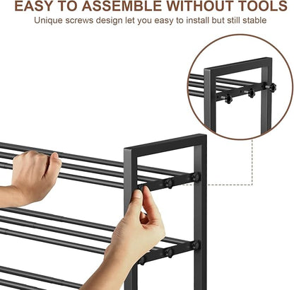 3-Tier Expandable Shoe Rack, Adjustable Shoe Shelf Storage Organizer Heavy Duty Metal Free Standing Shoe Rack for Entryway Closet Doorway (Black)