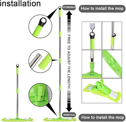 Dust Mop for Floor Cleaning with 2 Washable Chenille Pads and Extendable 58” Long Handle, Dry Wet Flat Mop with Scouring Pad for Hardwood, Laminate, Tile, Marble ，Green
