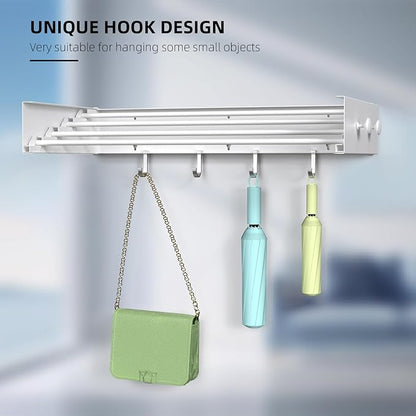 Drying Rack Clothing,Clothes Drying Rack Wall Mounted,Laundry Drying Rack Wall Mount,Foldable,Collapsible,60 lb Capacity 4 Aluminium Poles with 8 Hooks,Space Saving Clothes Drying Rack,White 23.6"