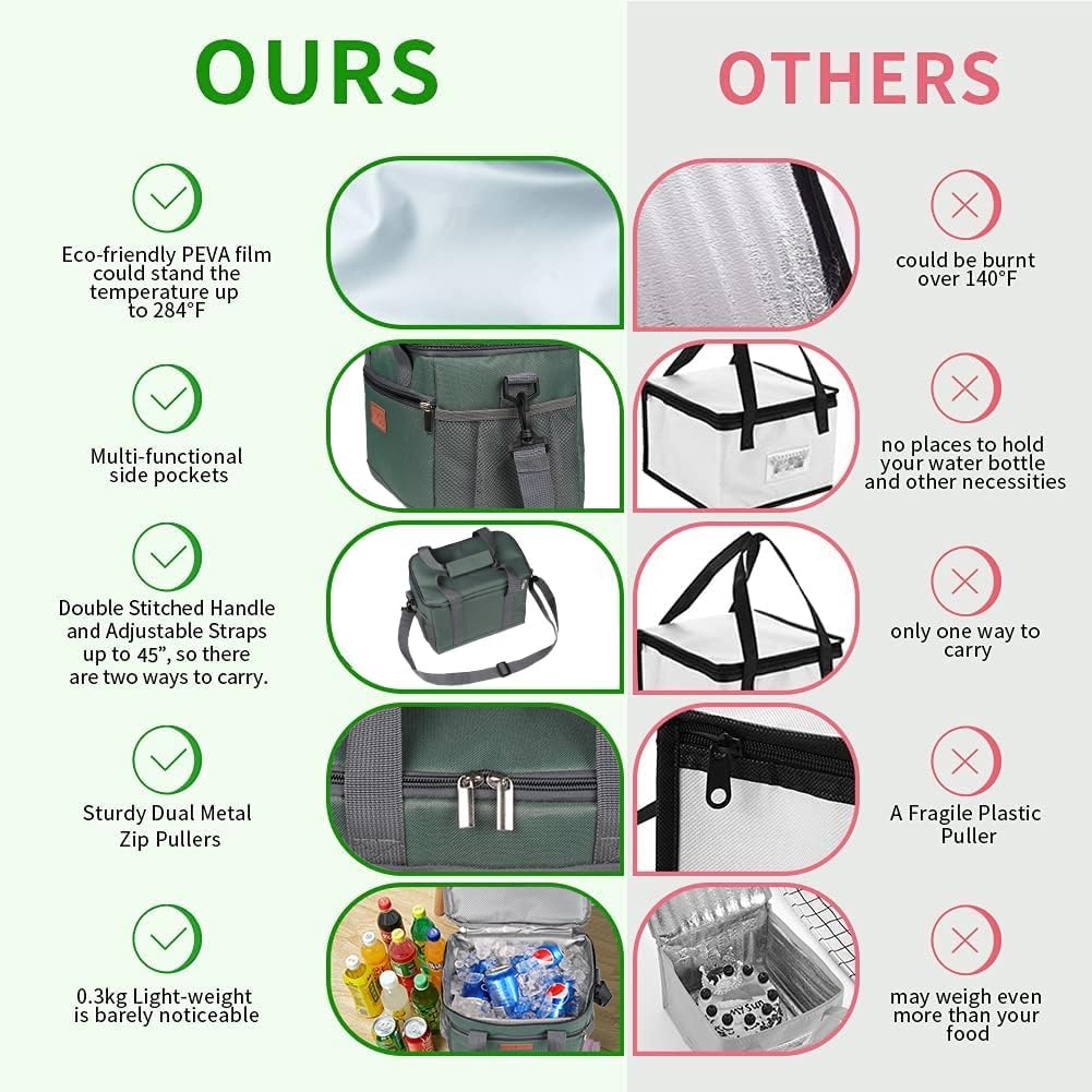 iknoe Large Foldable Cooler Bag, 8.5L Insulated Lunch Bag, Leakproof Lunch Cooler Tote with Multi-Bag Design Suitable for Beach, Picnic and Office Use, Grayish Green 15-Can