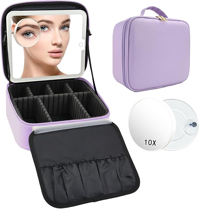 Travel Makeup Bag with LED Mirror and 10x magnifying glass with 3 Lighted Settings, Adjustable Dividers and Makeup Brush Storage Bag Purple