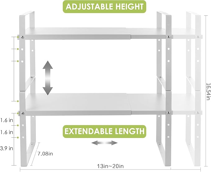 Expandable Cabinet Shelf Organizer Rack, Stackable Kitchen Counter Storage Shelves Stand, Adjustable Height Pantry Shelf Spice Rack (White, 2 Pack)