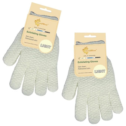 Evridwear Exfoliating Dual Texture Bath Gloves for Shower, Spa, Massage and Body Scrubs, Dead Skin Cell Remover, Gloves with Hanging Loop (2 Pairs Light)