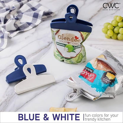 COOK WITH COLOR Bag Clips - Heavy Duty Chip Clip and Refrigerator Magnet Clips for Food Storage with Air Tight Seal Grip, Blue and White, Pack of 8 Large Clips