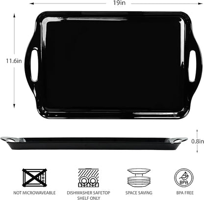 Large Black Serving Tray with Handles, 19''x11.6'' Halloween Thanksgiving Melamine Platters, Rectangular Trays for Serving Food, Turkey, Cookie, Cupcakes, Desserts, Dishwasher Safe, BPA-Free, Set of 2