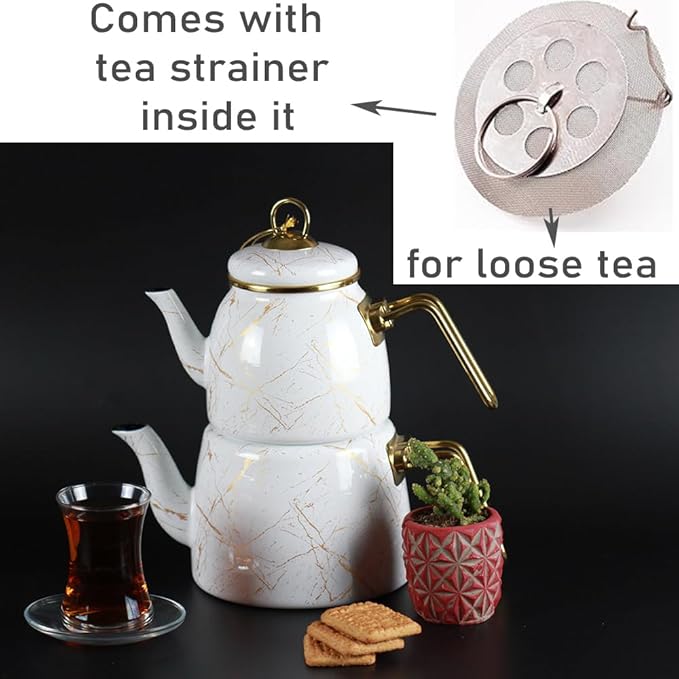 Vintage Turkish Teapot Tea Pots Kettle Set for Stovetop Stove Top Decorative Infuser Party Cups Glasses Floral Unique Boiler Samovar Strainer Loose Leaf Kitchen Style Enamel Decor (White-Gold)