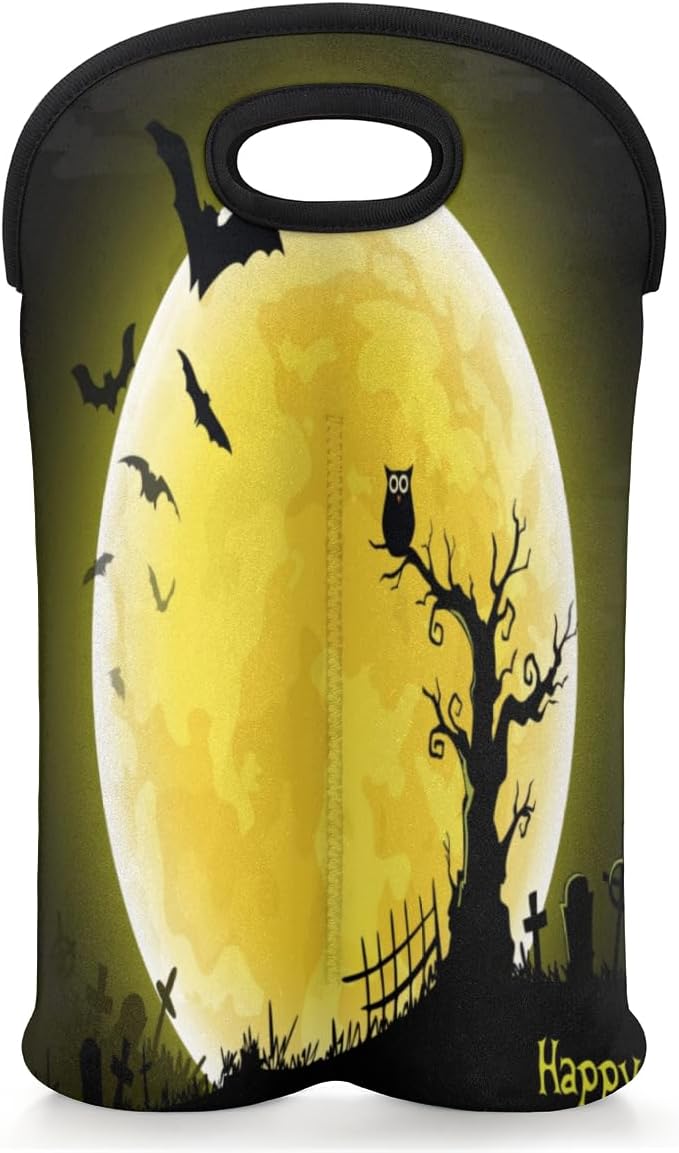 Vintage Sea Turtle 2 Bottle Wine Carrier Tote Bag Insulated Wine Bottles Neoprene Bag with Secure Carry Handle Portable Wine Cooler Bag for Travel Picnic Beach (Halloween Moon Owl)