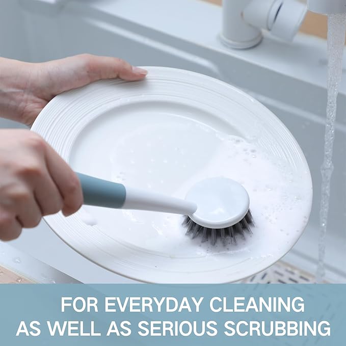Patelai 12 Pack Kitchen Scrub Dish Brush with Long Handle Dish Scrubber with Stiff Bristles Scrub Brushes for Kitchen Dishes Washing Tools, Pots, Pans and Sink Cleaning (Celadon)