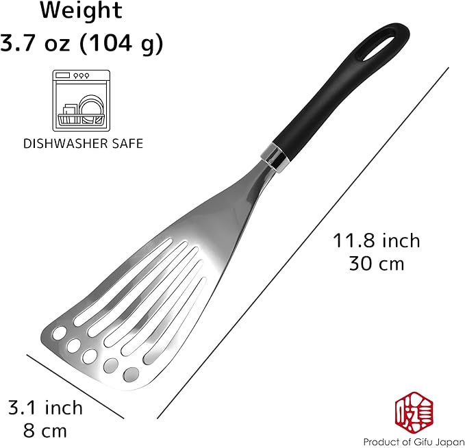 Seki Japan Right Handed Stainless Steel Spatula Wide Thin Slotted Turner Kitchen Utensils