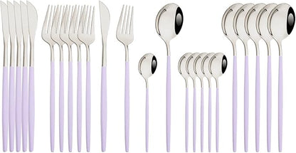 JASHII Flatware Set 24 Piece, Stainless Steel Silverware Set, Macaron Small Fresh Color Cutlery Set, Modern Elegant Tableware Set for Party, Christmas, Dinner (Purple Silver)