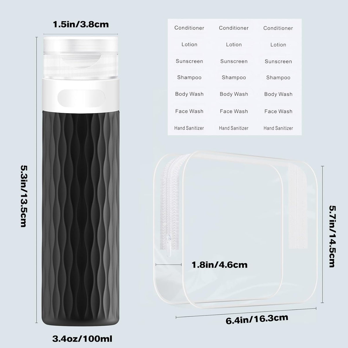 Travel Bottles for Toiletries, TSA Approved 3.4oz Travel Size Containers, BPA Free Leak Proof Silicone Traveling Bottles, Refillable Travel Essentials Kits for Shampoo Conditioner(4 Pack)-A