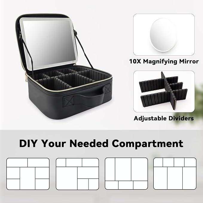 Travel Makeup Bag with LED Mirror and 10x magnifying glass with 3 Lighted Settings, Adjustable Dividers and Makeup Brush Storage Bag Black