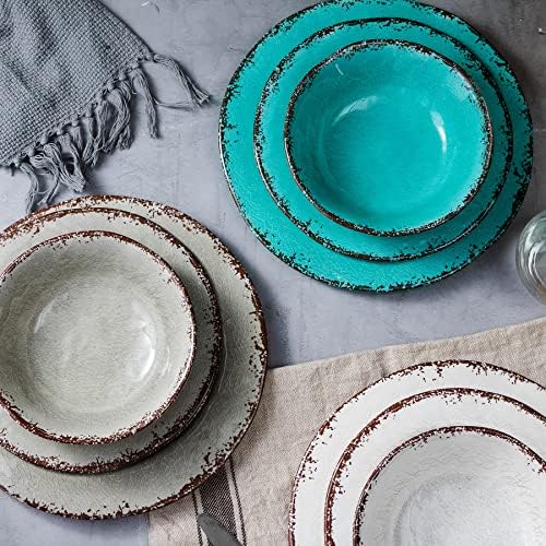 LEHAHA Rustic Melamine Dinnerware Set, 12 Piece Plate and Bowls Set for 4