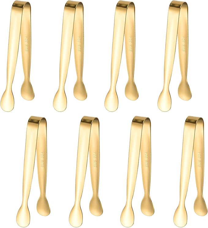 8PCS Gold Mini Metal Tongs, 4.3" Stainless Steel Tiny Tong, Small Kitchen Accessories for Serving Food, Ice, Sugar Cube, Salad, Toaster, Desserts