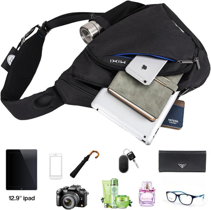 mixi Sling Bag Men Backpack Unisex One Shoulder Bag Hiking Travel Backpack Crossbody with USB Port for Men Women Versatile Casual Daypack-20 inch,Black