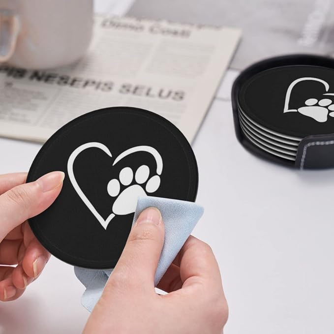 6 Pcs Dog Pet Paws Love Heart Leather Coasters