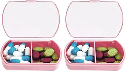 2PCS Small Pill Case Travel Pill Box Cute Pill Organizer for Purse Portable Daily Medicine Organizer 2 Compartment Pill Holder for Vitamins, Fish Oil, Supplements