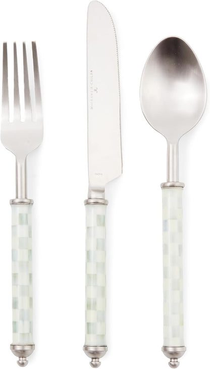 MACKENZIE-CHILDS Supper Club 3-Piece Place Setting, Fork, Spoon, and Knife Dinner Flatware Set, Gray-and-White Sterling Check