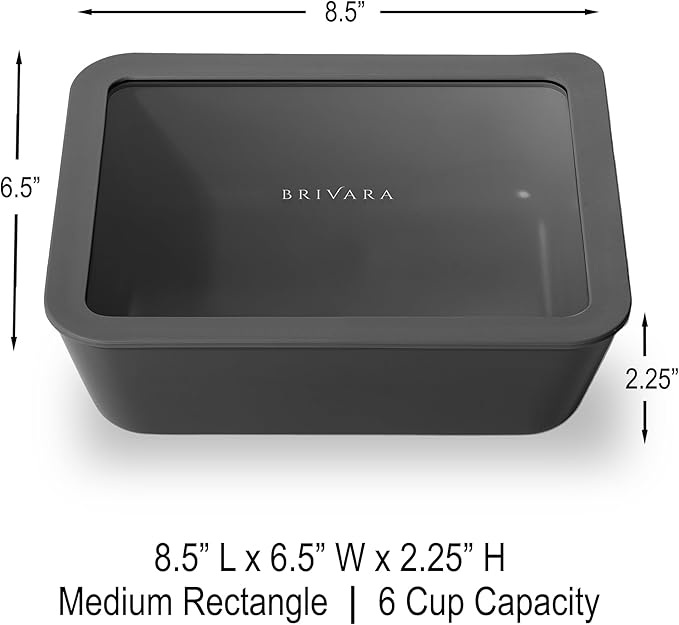 Ceramic Coated Glass Food Storage Container | No PTFE, PFOA, PFAS, and BPA | Reusable Non Toxic Meal Prep Container with Glass Lid | Easy To Store | 6 Cup Rectangle [Onyx]