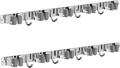2 Pack Mop and Broom Holder Wall Mount, Non-slip Broom Hanger Wall Mount, Heavy Duty Mop Broom Organizer for Kitchen Garden Garage Laundry Room Wall Decor Organization and Storage Silver 5R4H