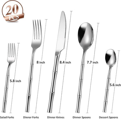 20 Pieces Bamboo Flatware Set Silverware Set Service