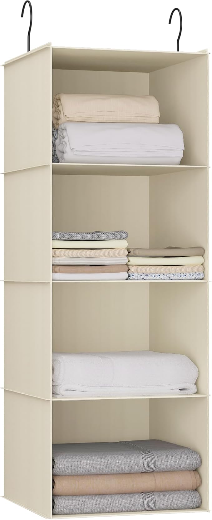 Hanging Closet Organizer, Easy Mount Foldable 4-Shelf Hanging Closet Wardrobe Storage Shelves, Clothes Handbag Shoes Accessories Storage, Washable Oxford Cloth Fabric, Beige