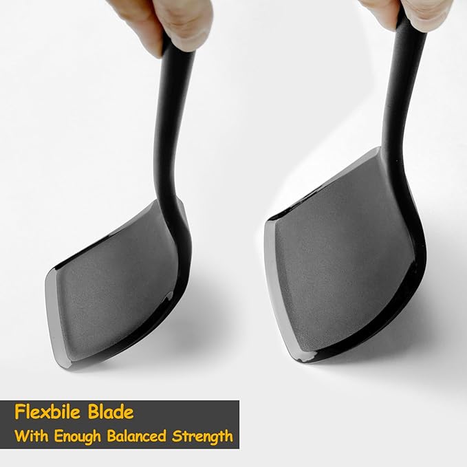 Large Size Silicone Spatula Set, 600°F Heat Resistant Silicone Spatula Turner Flipper for Cooking, Non Stick and Non Scratch Kitchen Utensils for Eggs & Pancakes, 2-Pack, Black