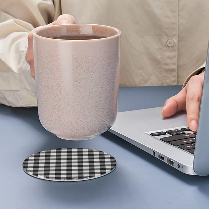 6 Pcs Black White Striped Plaid Leather Coasters